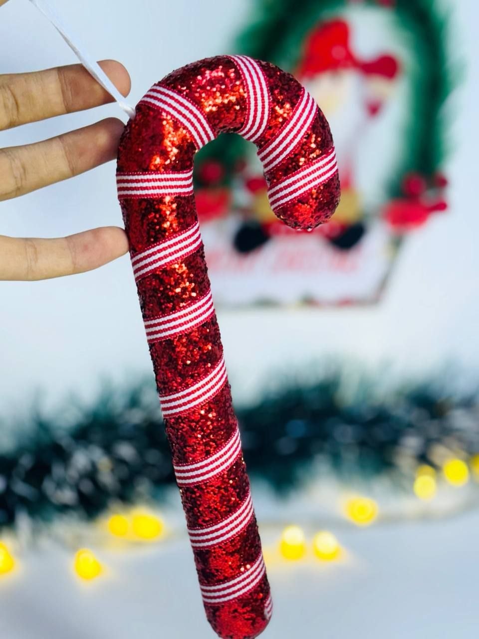 زينة شجرة كريسماس على شكل عكاز جليتر أحمر