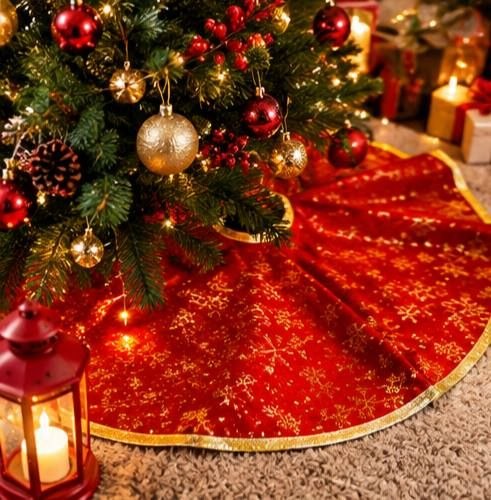 مفرش شجرة كريسماس دائري أحمر بنقوش ذهبية