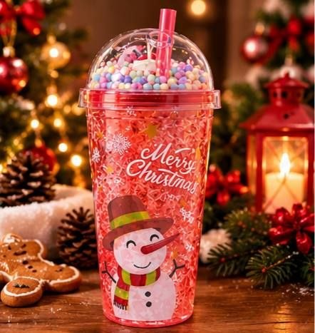 كوب بلاستيك بتصميم الكريسماس مع غطاء مجسم وشاليموه 450 ملي