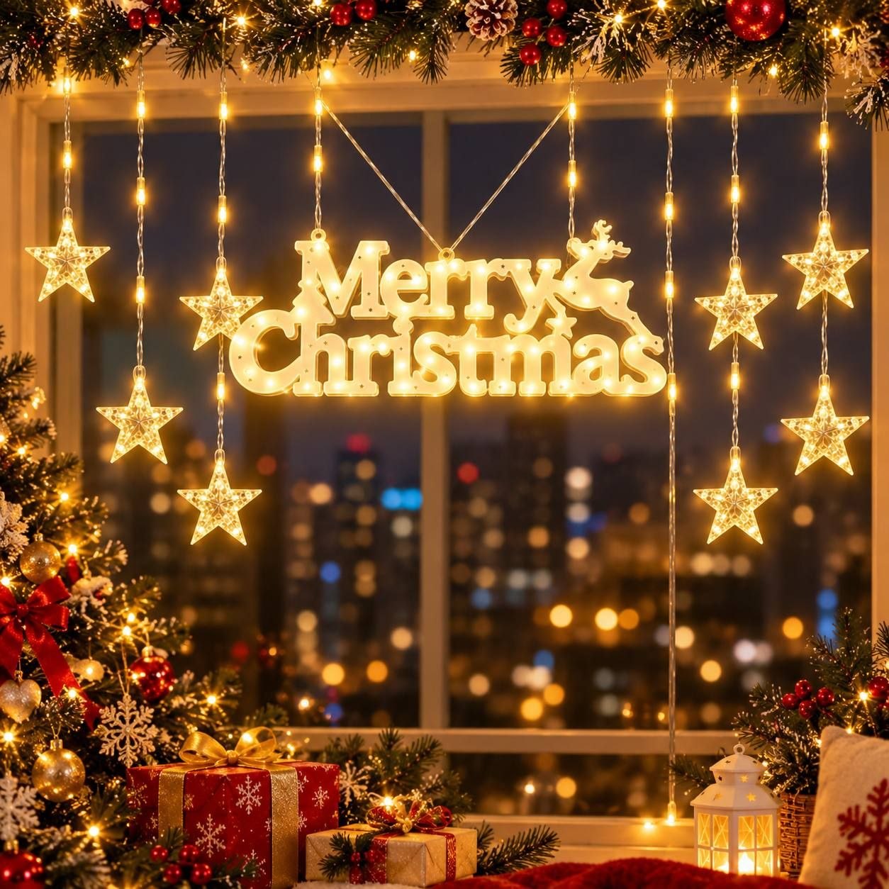 ستارة إضاءة نجوم كريسماس بكلمة Merry Christmas مضيئة بطول 4 متر
